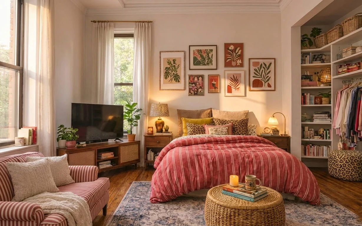 Warm boho bedroom corner with striped red comforter, blue patterned rug, botanical framed prints, and lit table lamps