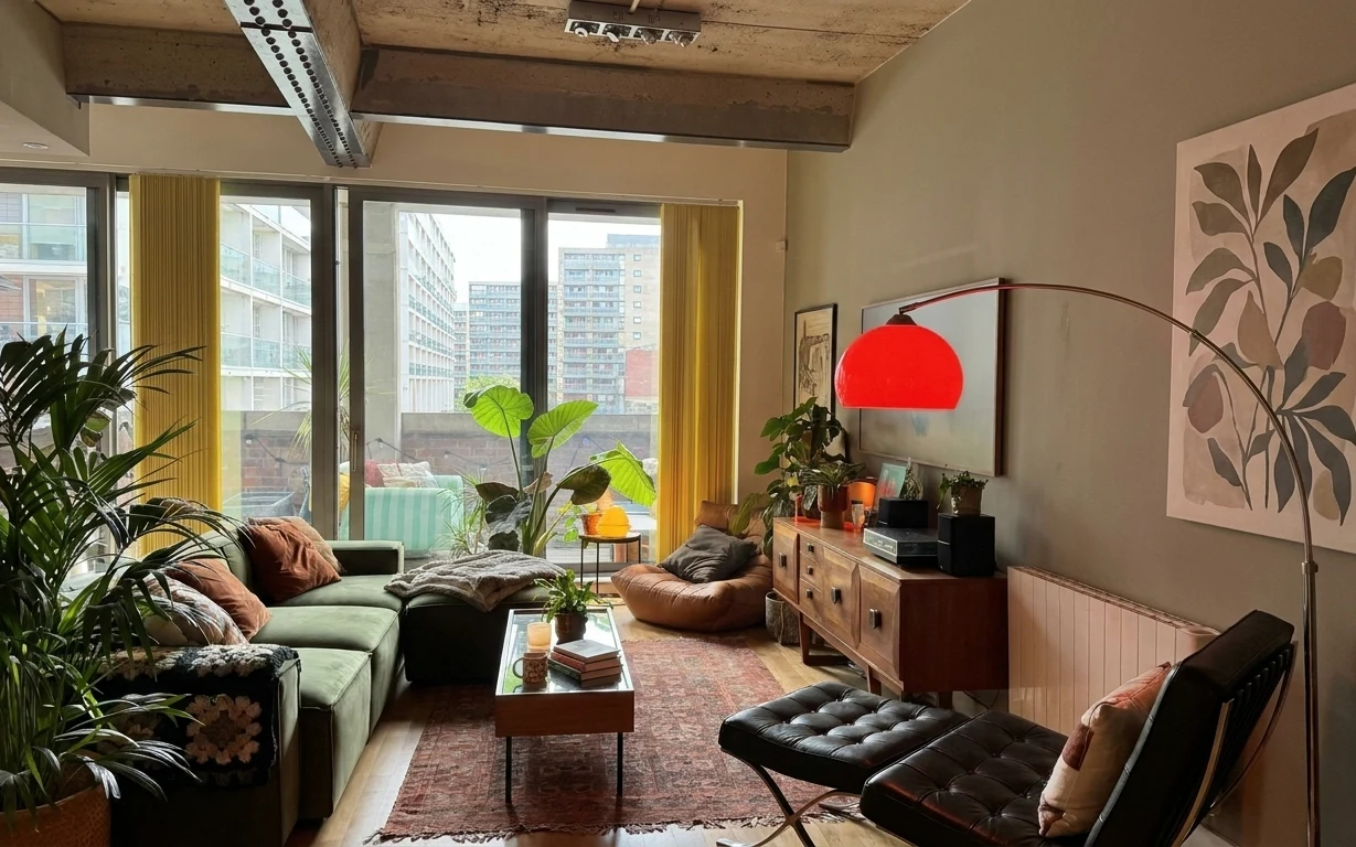 Green sofa, red dome floor lamp, patterned rug, gold curtains, plants, and botanical wall art in a bright living room