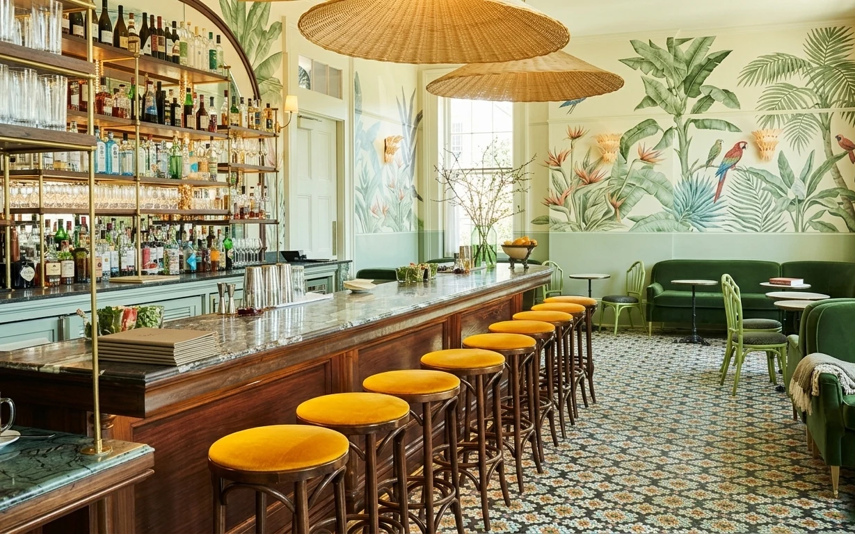 Bar seating corner with botanical wallpaper mural, patterned rug, yellow cushioned stools, and green chairs
