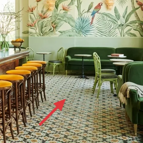 green metal-framed chairs with dark cushions