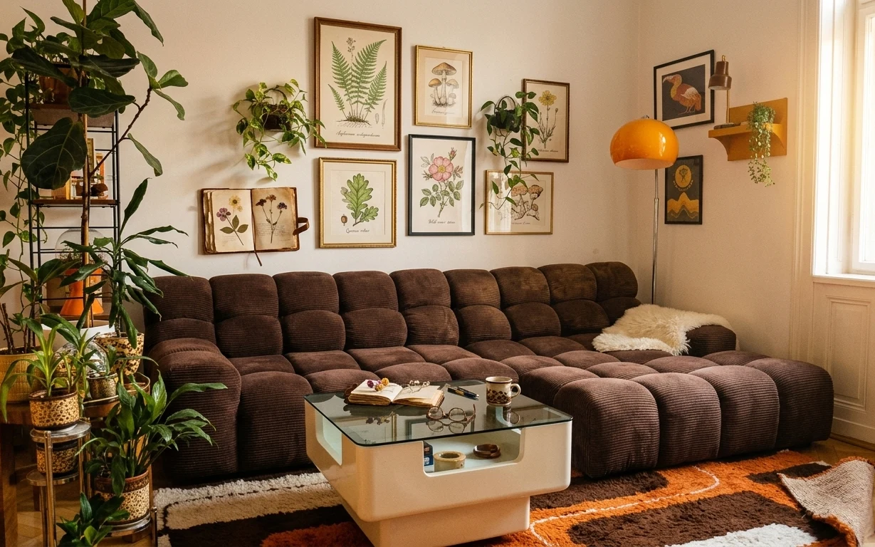 Brown upholstered sofa with orange glass floor lamp, patterned rug, coffee table, plants, and botanical framed wall art in a warm living room.