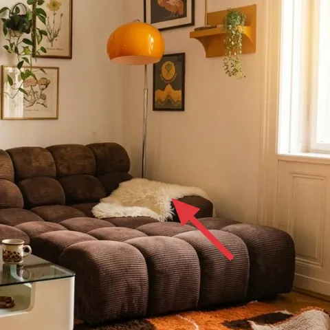 white faux-fur throw on the sofa