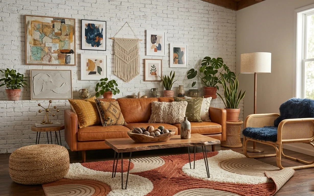 Terracotta boho living room with orange leather sofa, patterned rug, framed wall art, macramé, terracotta plants, and a cream-shade floor lamp.
