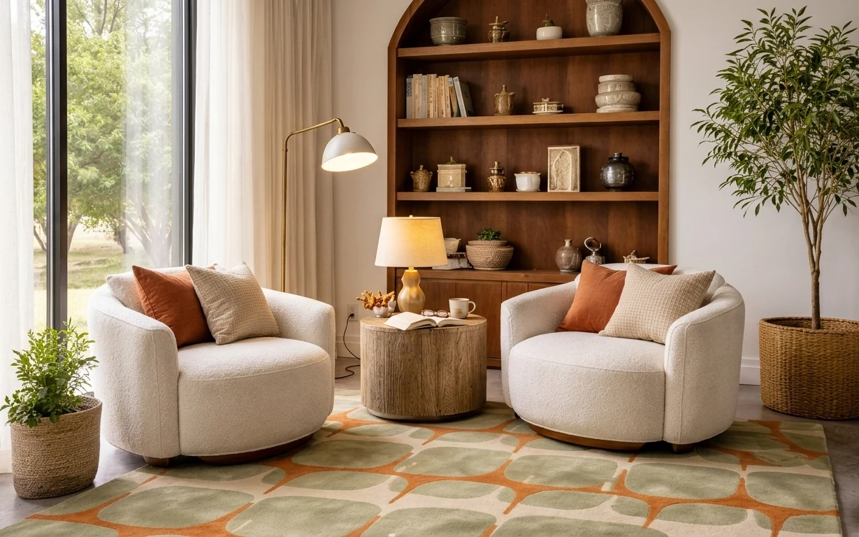 Cream upholstered armchairs with patterned rug, beige curtains, brass floor lamp, and warm wood shelving in a bright living room