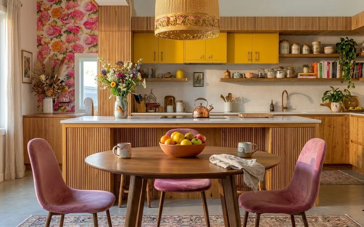 Bright kitchen island dining nook with floral wallpaper, pink upholstered chairs, brass pendant, and round wooden table