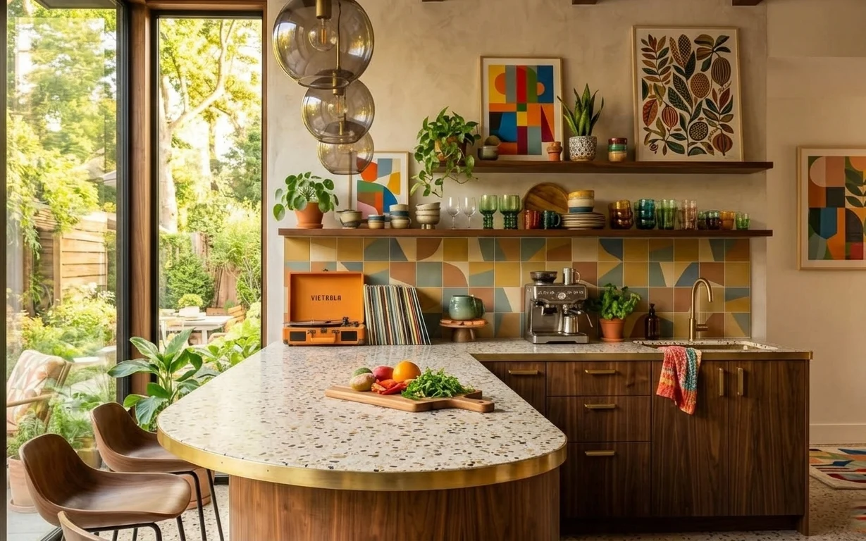 Bright kitchen with wood cabinets, multi-color tile backsplash, island with speckled countertop, globe pendant lights, framed art, and rug