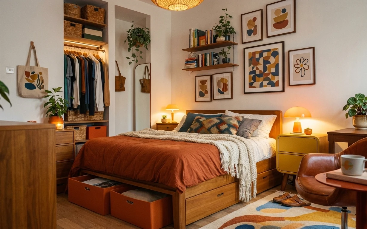 Cozy bedroom with a storage bed, patterned rug, warm lamps, and framed abstract art on white walls