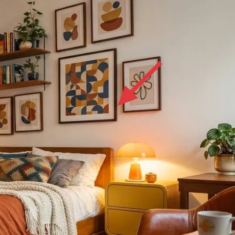 Framed abstract art print on the right wall