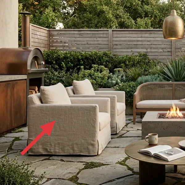 Two slipcovered armchairs in a light linen fabric, placed on a flagstone patio.