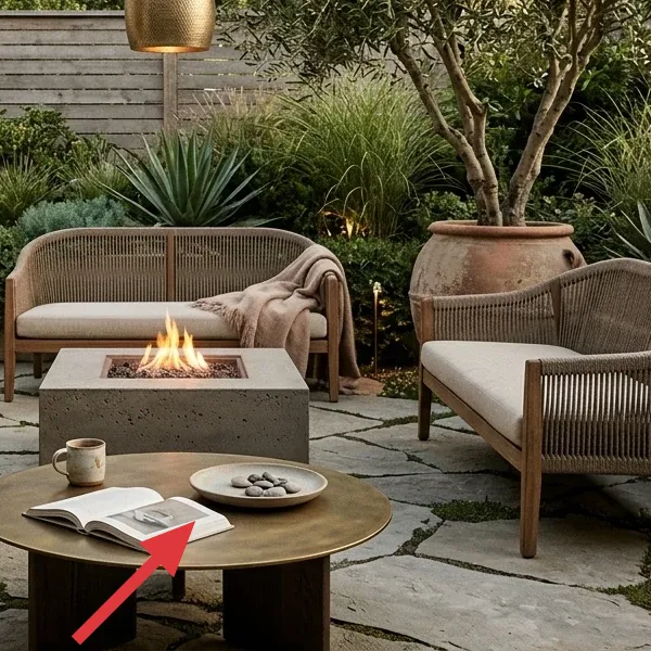A round brass-toned coffee table holding an open book, a ceramic mug, and a decorative bowl with smooth grey river stones.