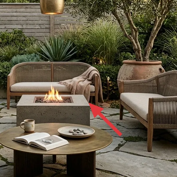A square concrete fire pit with dancing flames at its center, surrounded by patio furniture.