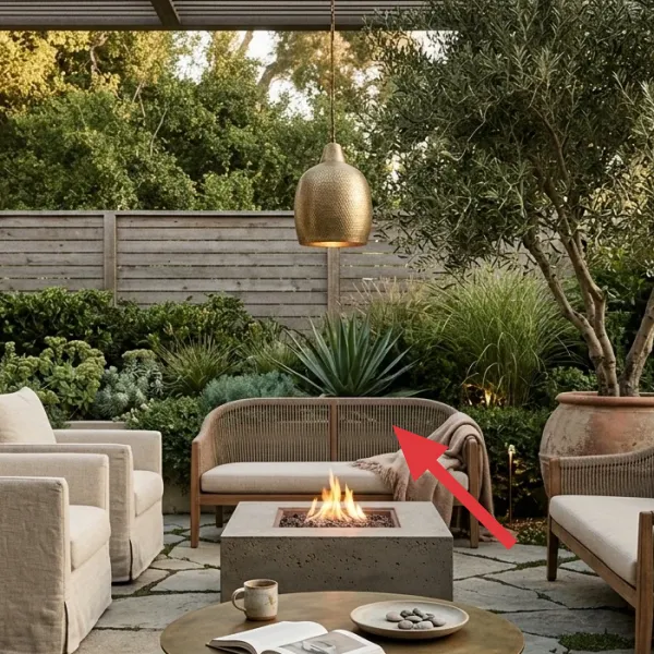 Lush green landscaping with various plants and a slatted wooden fence in the background.